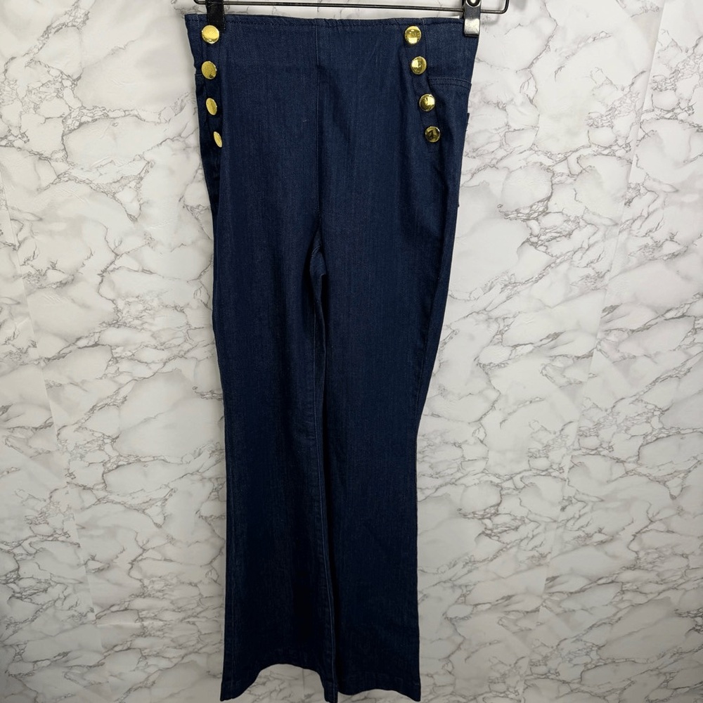 EUC INC DESIGN Gold Button Dark Blue Jeans Pull-On Flare Wide Leg ๐TRENDY! - Picture 10 of 16